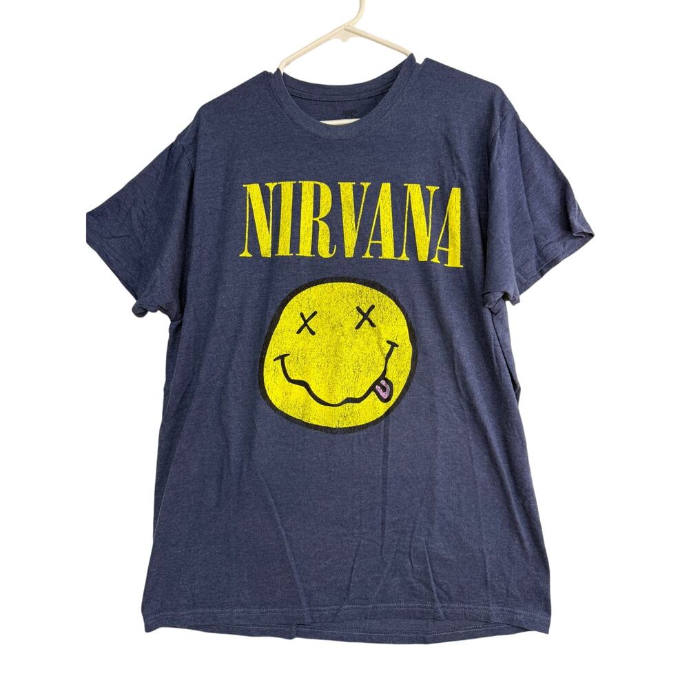 Nirvana Smiley Face T-Shirt Men’s XL Navy Blue Grunge Rock Band Tee